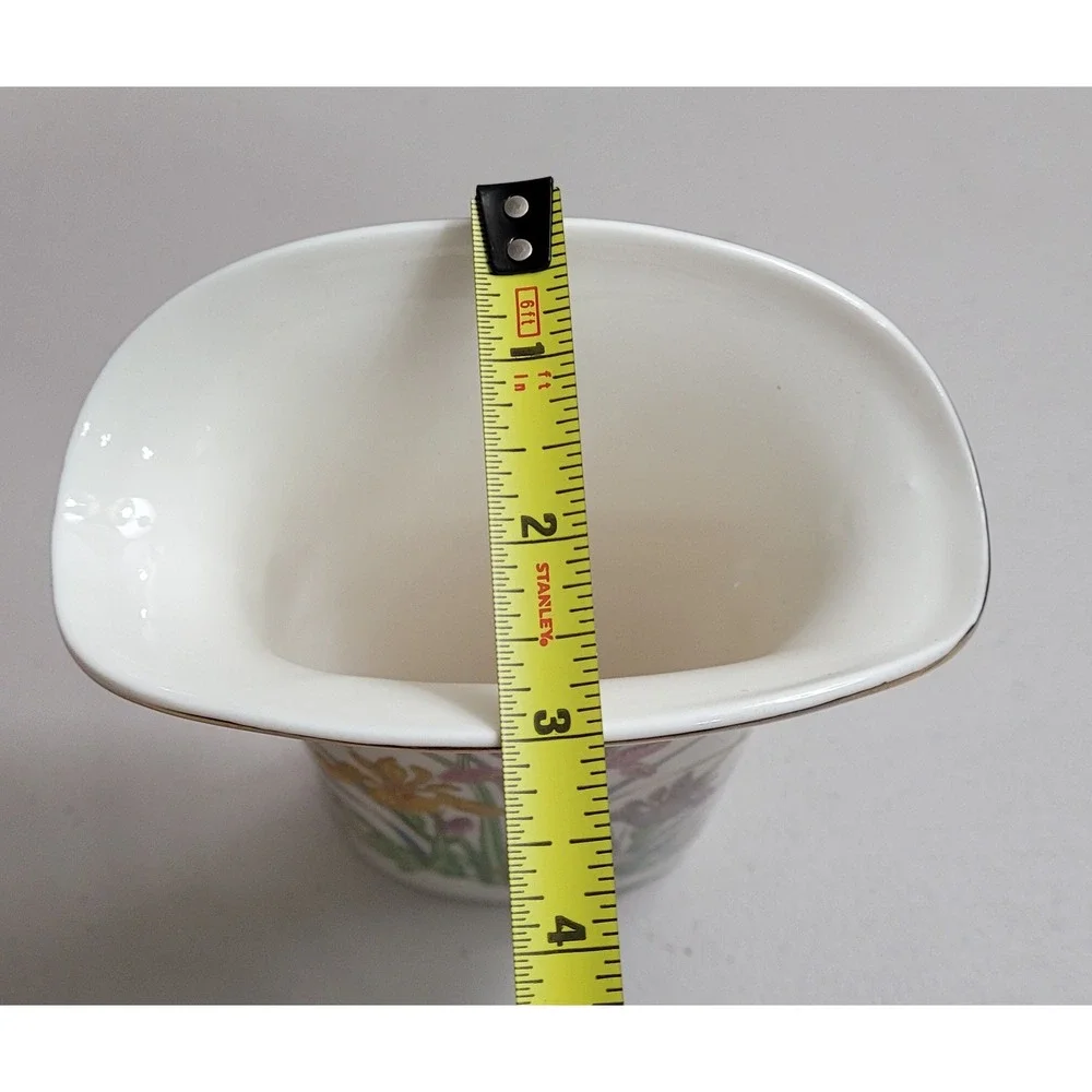 Floral Butterfly Ceramic Vase Flared Gold Rim White Iris Botanical Decor 6.5in